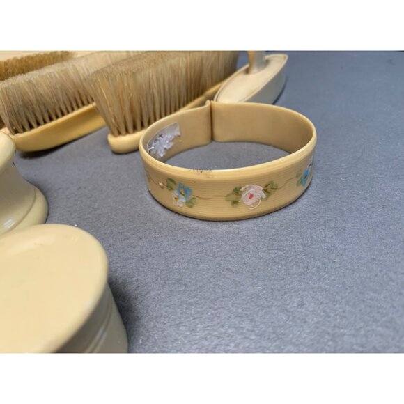 Vintage 13-Piece Ivory Celluloid Vanity Set with Brushes Jars & Tray - Picture 7 of 16
